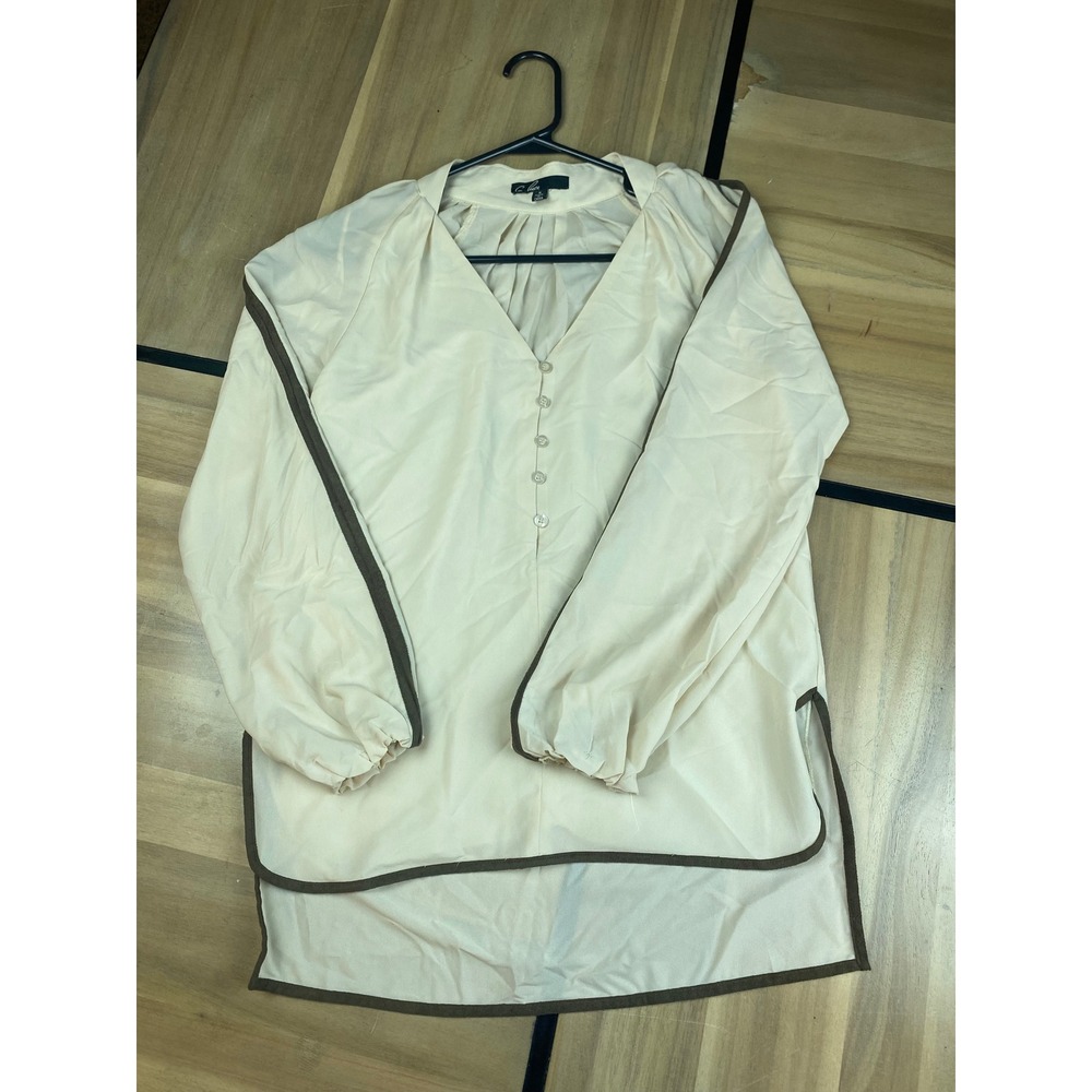 C. Luce Beige V Neck Pleated Front Tunic Blouse Long Sleeve Women's S